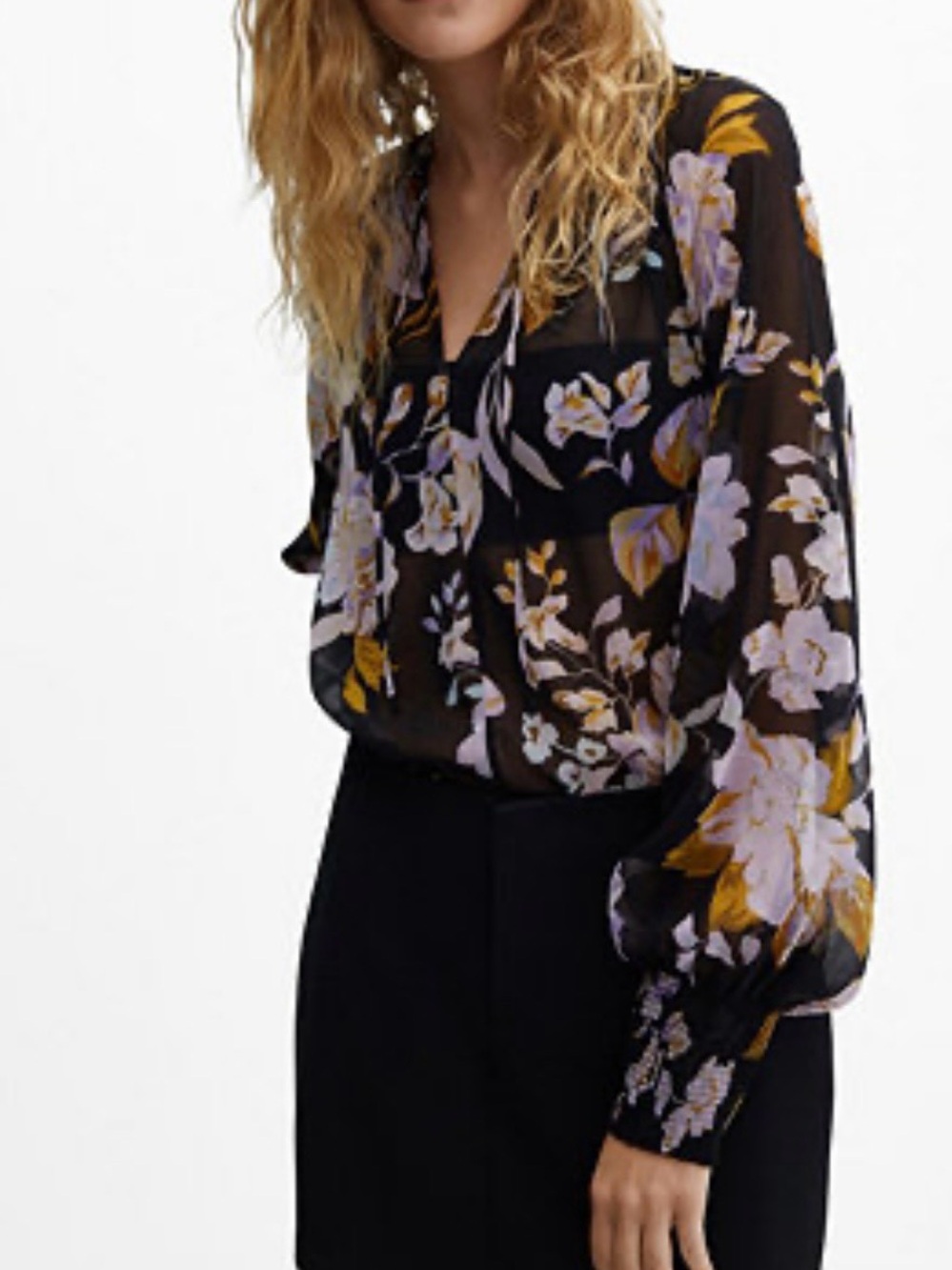 Catherine Malandrino Black Sheer Floral Blouse with Lavender & Mustard